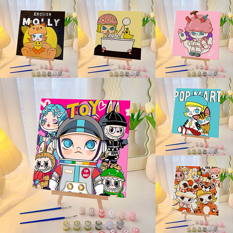 Bubble Mart จิตรกรรมดิจิตอล DIY 20X20ซม ระบายสีตามตัวเลข คาแรกเตอร์การ์ตูน ภาพวาดสีน้ำมันดิจิตอลใส่กรอบ