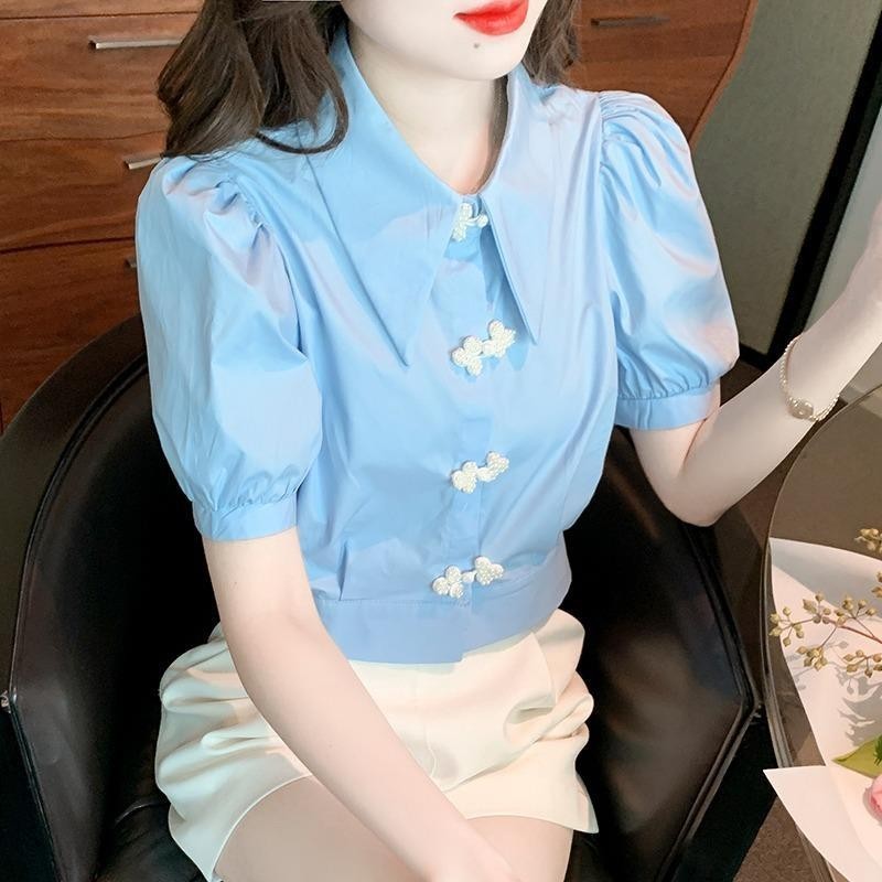 สดพัฟแขนเสื้อสีฟ้าเก๋สีกากีเอวเสื้อขนาดเล็กสั้นสไตล์ตะวันตกชีฟองด้านบน - รูปที่ 5