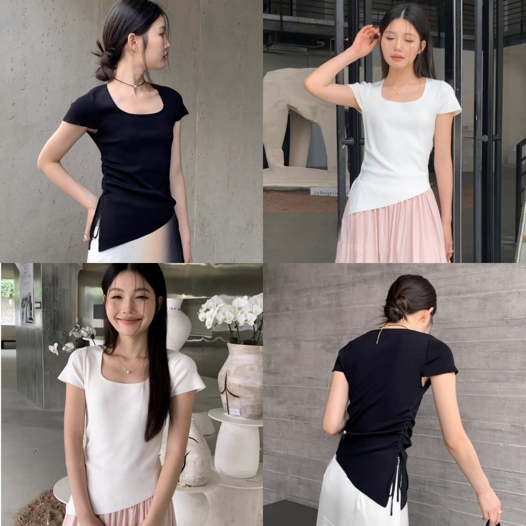 Elves พร้อมส่ง เสื้อยืดไหมพรม คอเตี้ย ผ้านุ่มนิ่ม แขนสั้น ดีเทลลายตรงด้านข้าง "YR042"