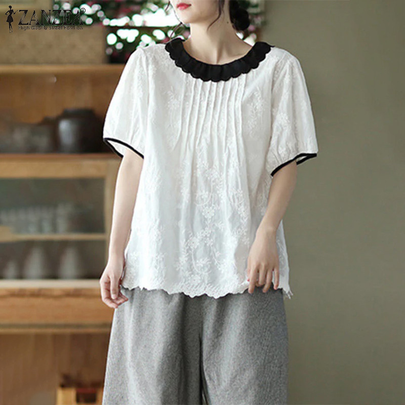 ZANZEA ซานเซีย ผู้หญิงแฟชั่นเกาหลีคอกลมแขนสั้นลายเสื้อหลวม