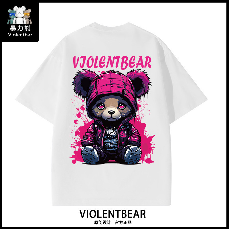 [พร้อมส่ง]【Violent Bear】National tide American hat bear prin คอกลม oversize เซ็กซี่ รัดรูป ใส่สบายๆ