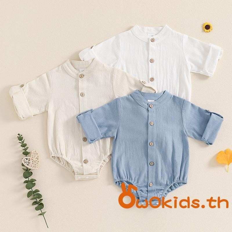 ชุดรอมเปอร์เด็กชายทารกปุ่มสีทึบแขนยาวเด็กวัยหัดเดินเสื้อผ้าฤดูใบไม้ร่วงชุดบอดี้สูทชุดจั๊มสูททารก