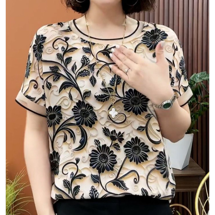 ลดอายุ ดูผอมลง แม่ เสื้อแขนสั้น ฤดูร้อน เสื้ออารมณ์ พิมพ์ บาง เสื้อตัวเล็ก คอกลม ดอกไม้สามมิติ เสื้อ