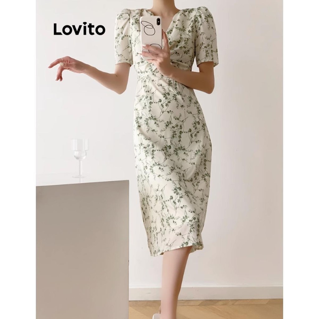 Lovito ชุดเดรสผู้หญิง แต่งมัดปม พิมพ์ลายดอกไม้ สไตล์ลำลอง LNE63195