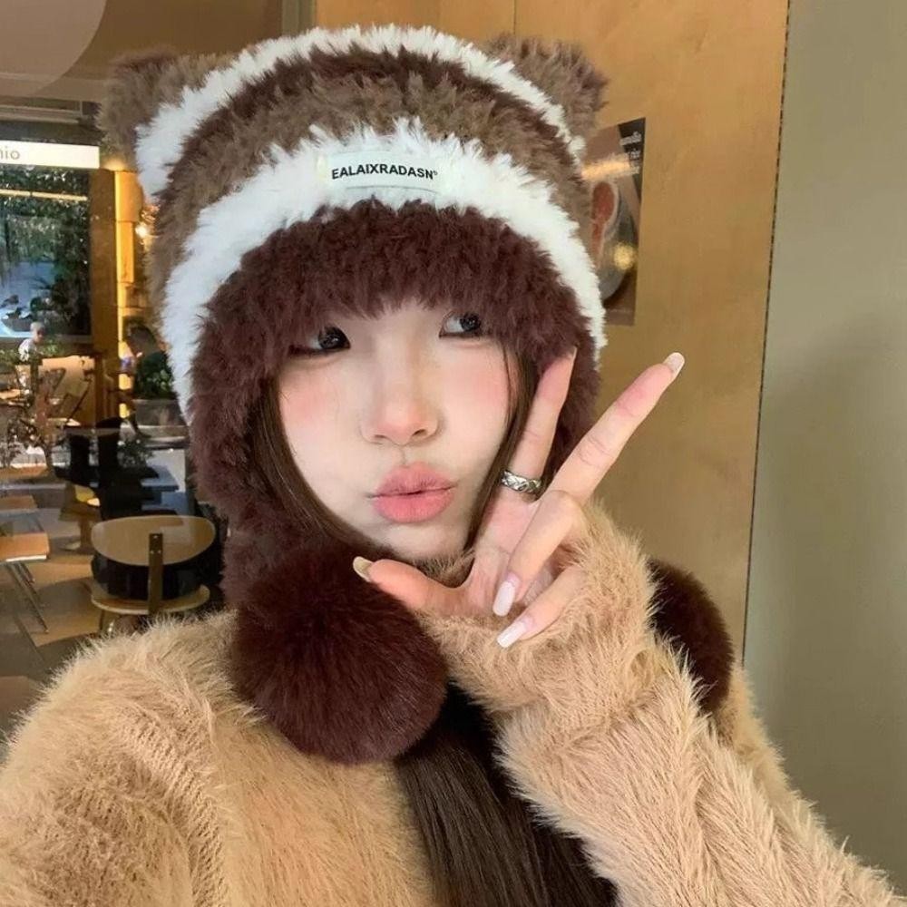 UUMIR หมวกถักสำหรับผู้หญิง,หมวกฤดูหนาวหูแมวกันลม,หมวกป้องกันหูหนาลาย - รูปที่ 3