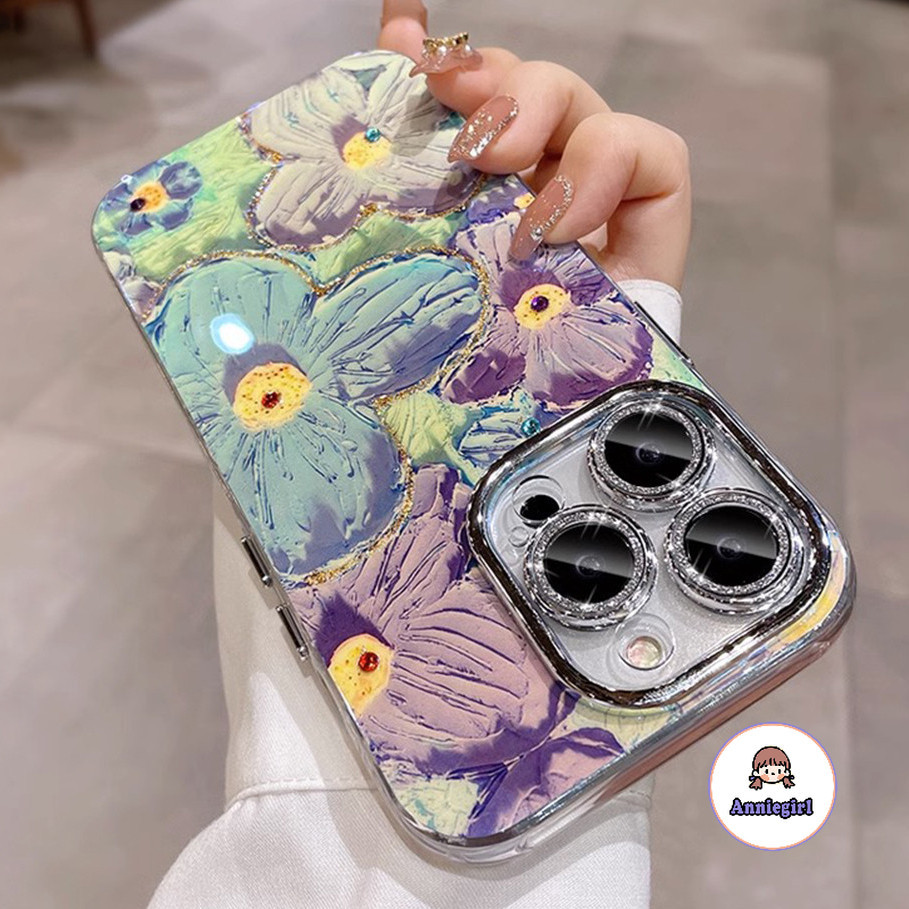 Retro ภาพวาดสีน้ํามันดอกไม้สีฟ้าเคสโทรศัพท์สําหรับ IPhone 11 17 16 14 15 Pro Max Air 16plus 12 13 Promax Glitter เลนส์ฟิล์มกันกระแทกนุ่มโทรศัพท์ปกหลัง