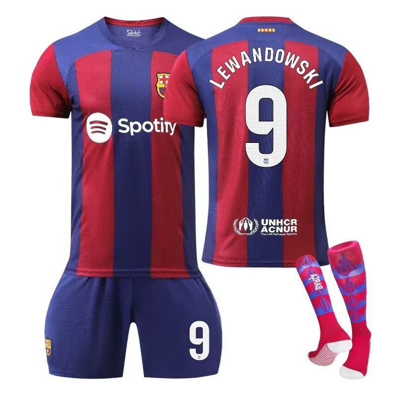 Uhome23-24 เสื้อฟุตบอลเด็กและผู้ใหญ่ Barcelona Home NO. 6 กาวี เบอร์ 8 PEDRI No.27 YAML No.9 สําหรับผู้ชาย/เด็กฟุตบอลชุดฝึกซ้อมฟุตบอล