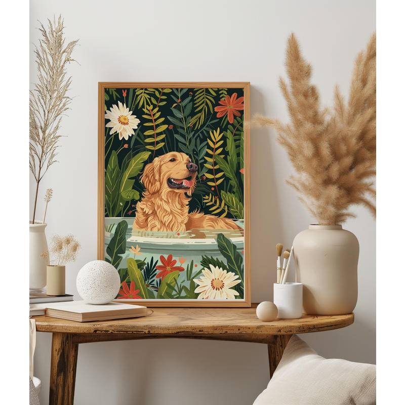 Golden Retriever Wall Art, Boho Jungle อ่างอาบน้ําพิมพ์, Maximalist Botanical Decor, Ecectic Tropical โปสเตอร์, ของขวัญเจ้าของแม่สุนัขน่ารัก, DIGITAL, ไม่มีกรอบ, Art ผ้าใบ