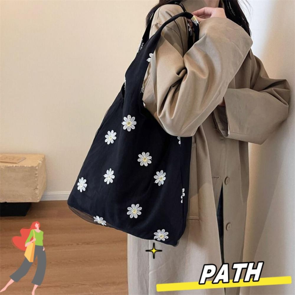 Path Leisure Bag, Leaf Embroider Daisy ปักผีเสื้อลูกไม้ Fairy Bag, กระเป๋าผ้าใบความจุขนาดใหญ่