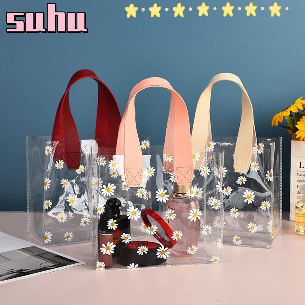 Suhuhd Tote Bag, Handle PVC Transparent Shopping Bags, Large Capacity Little Daisy Transparent Hand 