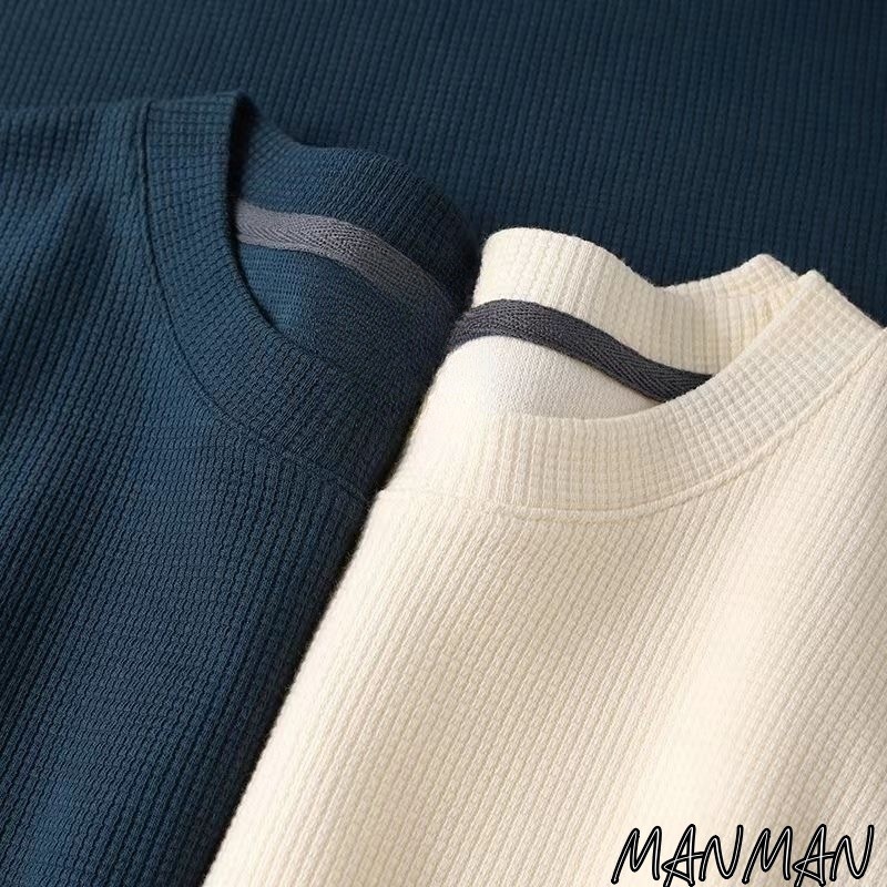 MANMAN แขนยาวผู้ชาย วาฟเฟิล เสื้อคอกลม ชุดคู่รัก แบบหลวม แมทช์ลุคง่าย ราคา ถูกที่สุด ดีลบีเคเค แกลเลอรีภาพที่ 6