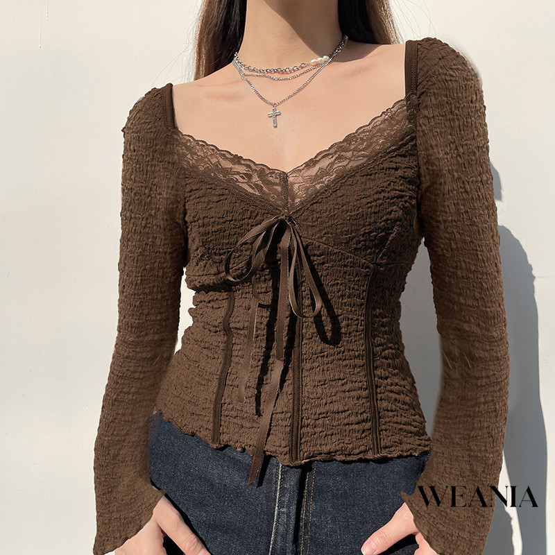 Weania ผู้หญิงวินเทจลูกไม้โบว์คอวีถักเสื้อยืด