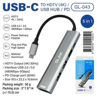 GL-043 Glink Adapter USB-C to HDMI 4K+PD 60W USB 3.0 1Port USB2.0 2Port CA-TC-GL-GL043