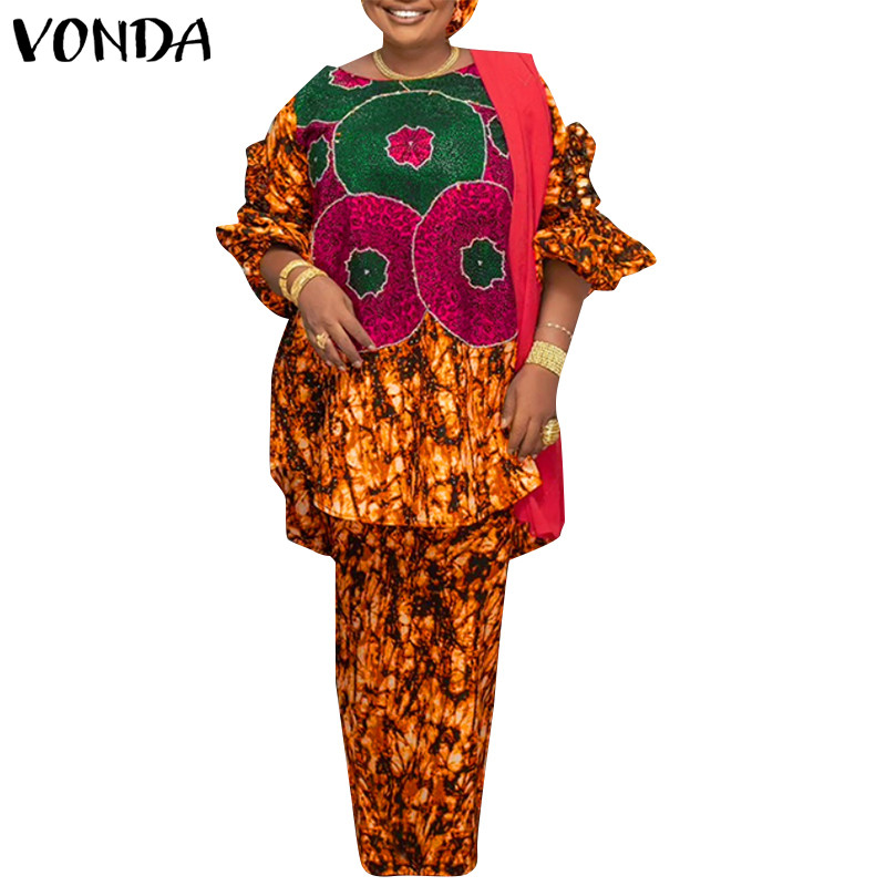 Vonda ผู้หญิงวินเทจลําลองรอบคอแขนบานพิมพ์เสื้อ + กระโปรง