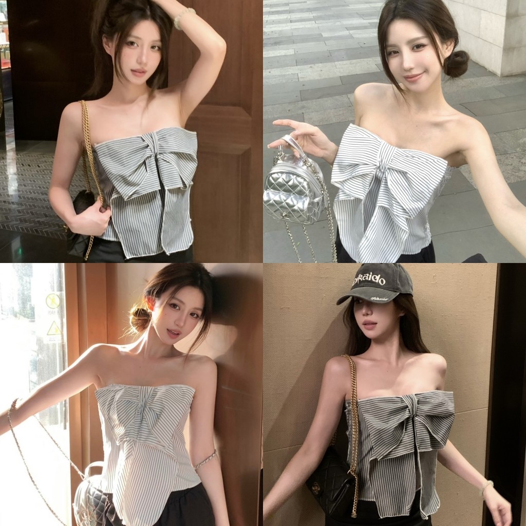 Soroh เสื้อเกาะอก ปาดไหล่ ยางยืดด้านหลัง ดีเทลแต่งโบว์ใหญ่ ลายทาง เสื้อครอป สไตล์เกาหลี ทรงสวย น่ารักๆ #Y9813