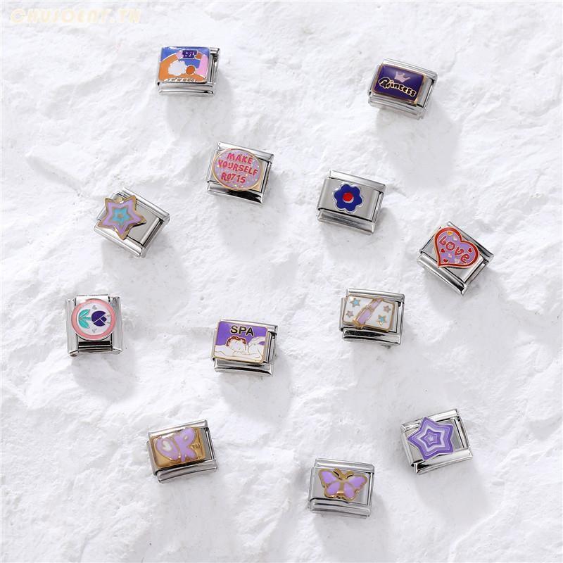 ยอดนิยม Love Unicorn หัวใจสีม่วง Star Italian Charm Links Fit 9 มม.สร้อยข้อมือสแตนเลสทําเครื่องประดับ