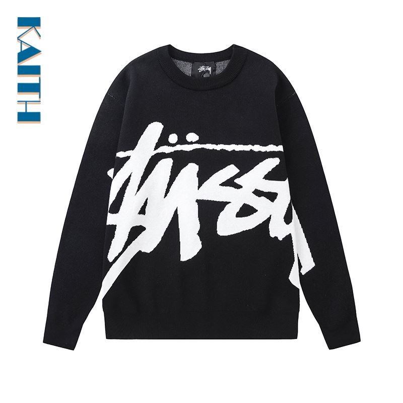 #Z8 Plus ขนาดแขนยาวขนาดใหญ่ Hand Drawn Monochrome ตัวอักษรขนาดใหญ่ถักยอดนิยมคู่ถัก Crewneck Streetwear ดึงเสื้อกันหนาวเกาหลีสําหรับชาย