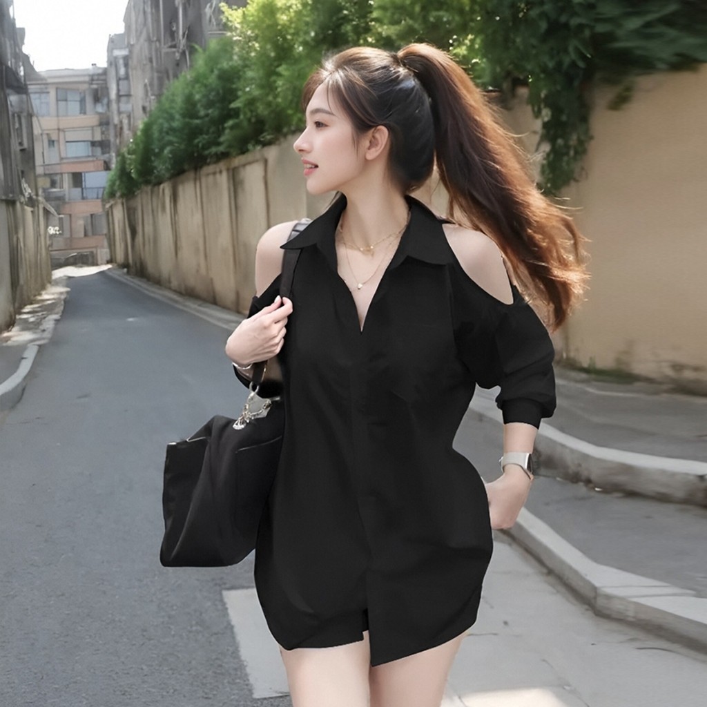 เสื้อเชิ้ตผู้หญิงแขนยาวคอปกใหม่ ดีไซน์เปิดไหล่
