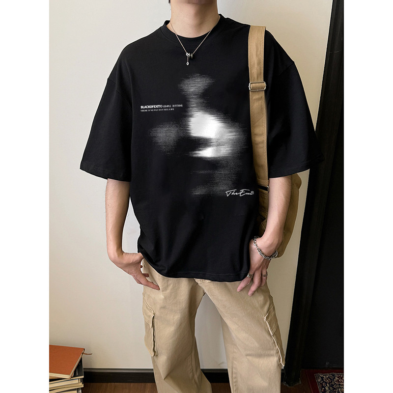 Beeyanbuy เสื้อยืดผู้ชาย, สไตล์อเมริกันวินเทจเบลอ Phantom พิมพ์เสื้อยืดแขนสั้นหลวม #I325