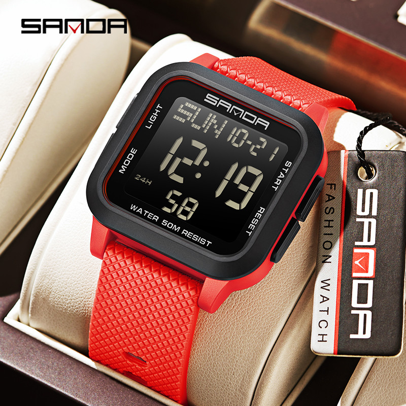 Sanda Square นาฬิกาสีทึบ Retro อินเทรนด์ Night Light กันน้ําอิเล็กทรอนิกส์นาฬิกาผู้ชาย SD2194-12