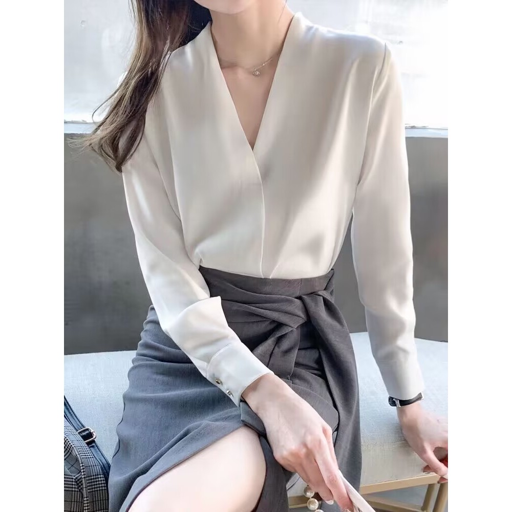 เสื้อเชิ้ตสีขาวไม่มีปกสำหรับผู้หญิงชุดทำงานต่อต้านริ้วรอยเสื้อฤดูใบไม้ร่วงเสื้อเชิ้ตแขนยาวผ้าชีฟองคอวีมืออาชีพอารมณ์สูงกำมะหยี่มิงค์ตารางกับ ejcg