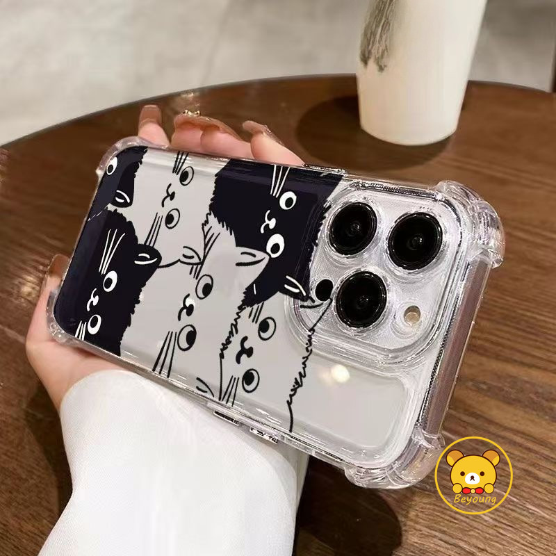 สีดําสีขาวแมวน่ารักโปร่งใสปกหลังสําหรับiphone 16 15 Pro Max 15 Plus 14 Plus 14 Pro Max 13 Mini 13 Pro Maxปลอกนุ่มรูปแบบการ์ตูนสี่มุมAnti-Fallเคสโทรศัพท์
