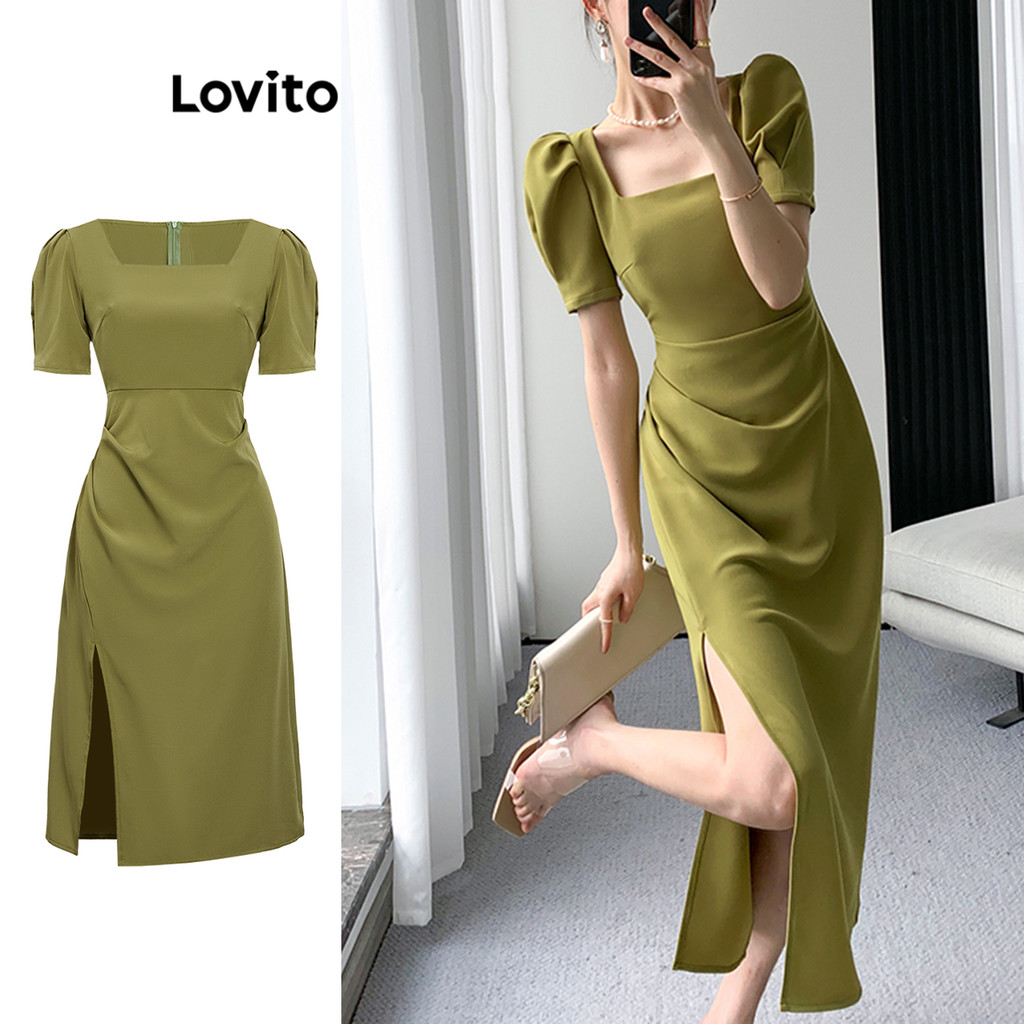 Lovito ชุดเดรสสุภาพสตรีเรียบง่ายสง่างามสำหรับผู้หญิง L100MD298