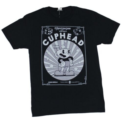 Cuphead Adult New Tshirt A Run Gun Game Beaming BW Pic