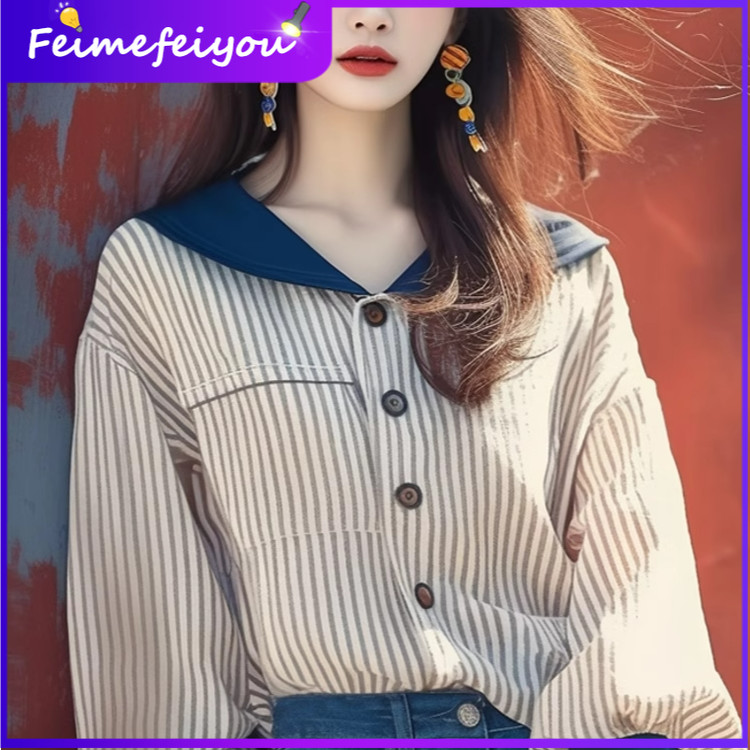 ใหม่เกาหลีสไตล์วิทยาลัย ซอก ออกแบบสวยเก๋หลวมระดับไฮเอนด์ผู้หญิงแอปริคอทกะลาสีปกเสื้อลาย