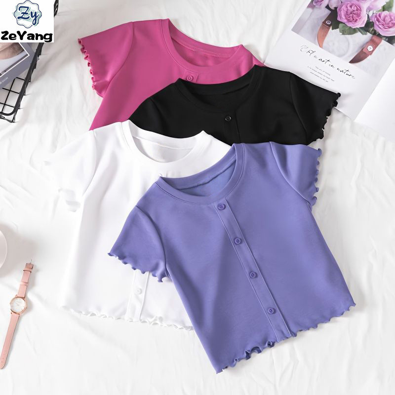 [ZY] 90-140 พร้อมสต็อกเด็ก Modal เสื้อยืดแขนสั้นลําลองสั้น T Baby สีทึบ Bottoming เสื้อ Simple All-Match แฟชั่นรอบคอ T
