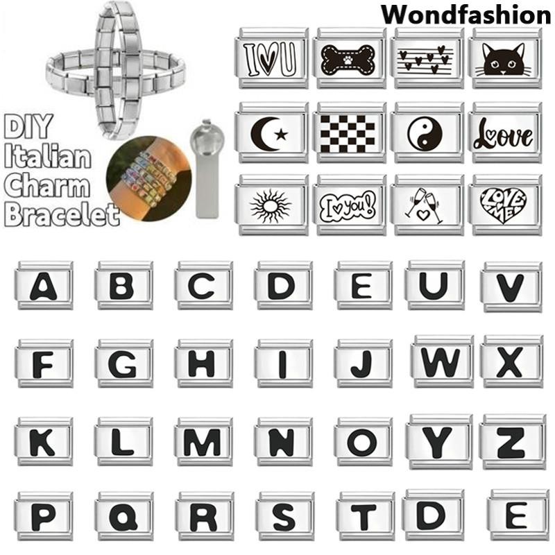 ตัวอักษรสีดําชุดอิตาเลี่ยน Charm สร้อยข้อมือ Fit 9 มม.สร้อยข้อมือสแตนเลส DIY เครื่องประดับทําอุปกรณ์เสริม Retro บุคลิกภาพโมดูลสร้อยข้อมืออุปกรณ์เสริม
