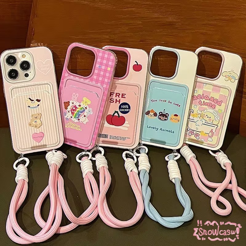เชอร์รี่สีแดงลูกหมีน่ารักหมีสีรักหัวใจ ช่องใส่บัตรพร้ เคสไอโฟน 15 11 13 14 12 Pro Max X XS XR Max 7 8 14 15 Plus SE 2020