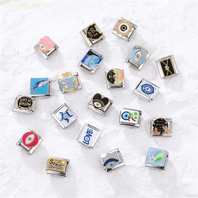 ยอดนิยม Love Blue Eye Black Dad ดอกไม้อิตาเลี่ยน Charm Links Fit 9 มม.สร้อยข้อมือสแตนเลสทําเครื่องประดับ