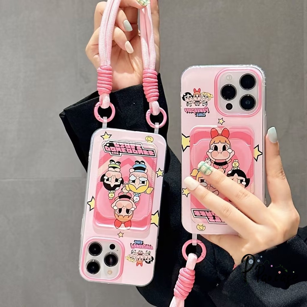 Powerpuff Girls การ์ตูนคล้องบัตรกระเป๋าสตางค์เข้ากันได้กับเคสไอโฟน 11 15 13 14 12 Pro Max 7 15 8 14 Plus XR X XS Max