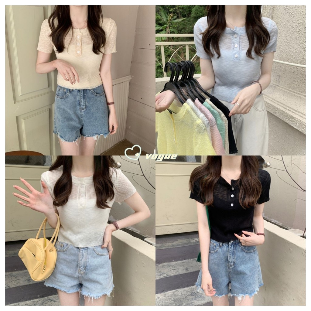 Vogue​ ​พร้อมส่ง เสื้อไหมพรมคอกลม แขนสั้น กระดุมหน้าผ้าบางใส่สบายน่ารัก (95026)