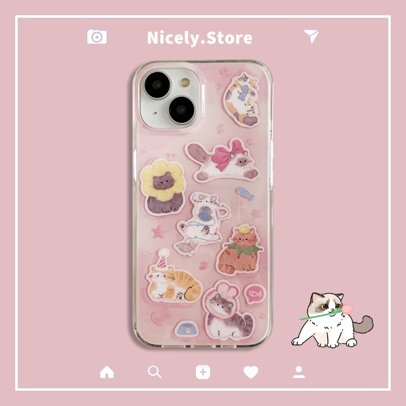 Kawaii แมวปลา Bowknot สีชมพูเคสโทรศัพท์สําหรับ iPhone 16 15 14 13 12 Pro Max 15Promax iPhone16 IMD Anti-scratch โทรศัพท์มือถือปกหลัง