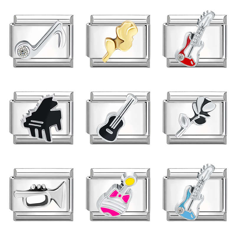 กีตาร์เพลงอิตาเลี่ยน Charm Links สําหรับสร้อยข้อมือแฟชั่นใหม่เพื่อนครอบครัว DIY โมดูลสร้อยข้อมือ Charm อิตาเลี่ยน Links Fit 9 มม.สร้อยข้อมือสแตนเลสเครื่องประดับ DIY ทํา