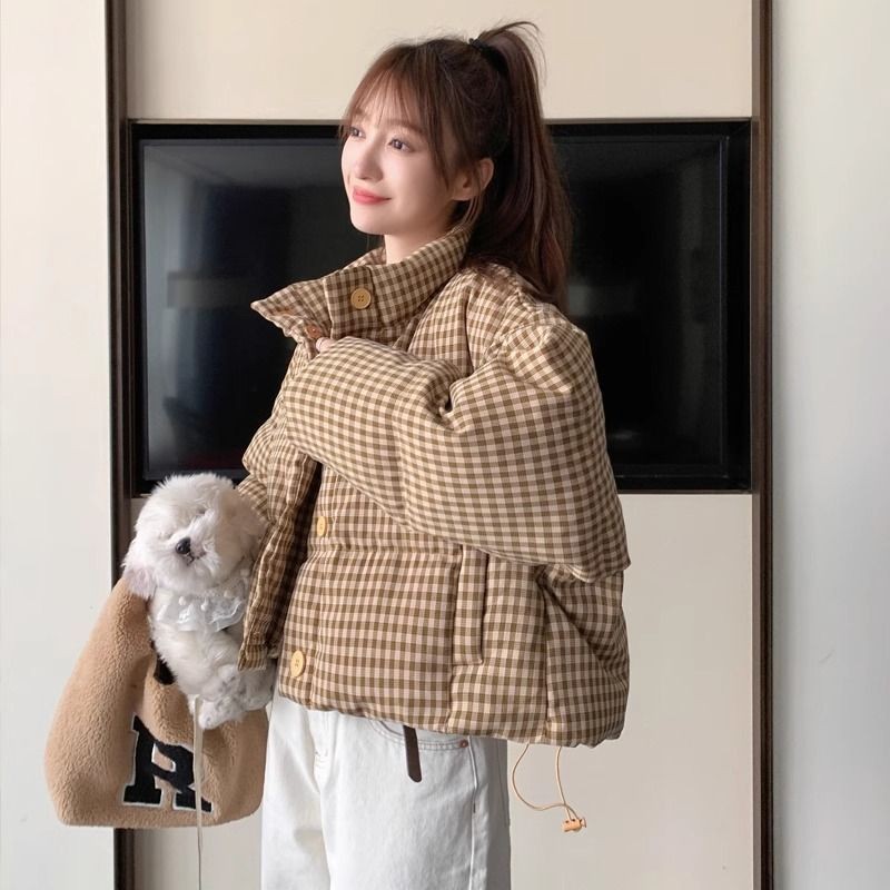 ฤดูหนาวเสื้อผู้หญิงใหม่สั้นแฟชั่นสบายๆตาหมากรุกขนมปังแขนยาวทุกการแข่งขัน Winter