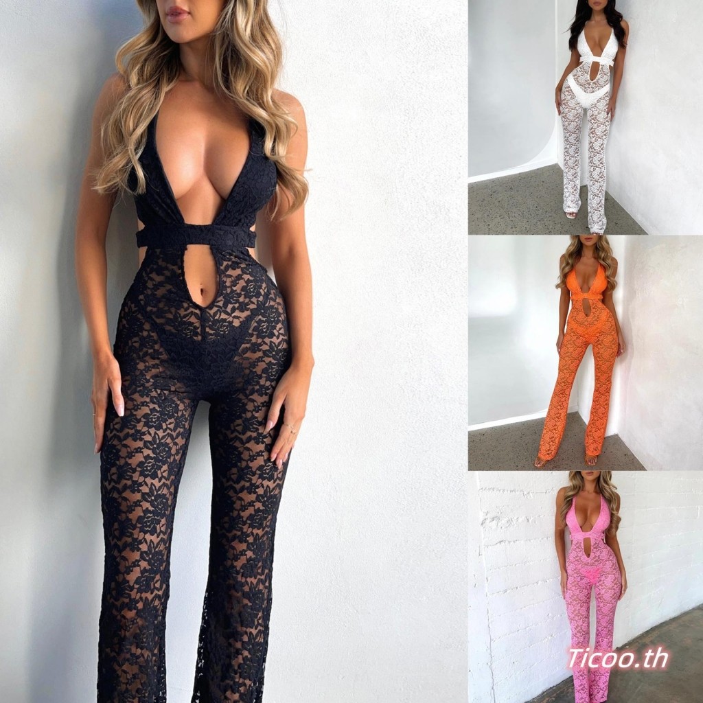 ผู้หญิง Halter Flare Jumpsuit ฤดูร้อนสบายๆ Cutout ลูกไม้ดูผ่านกางเกง Romper Backless