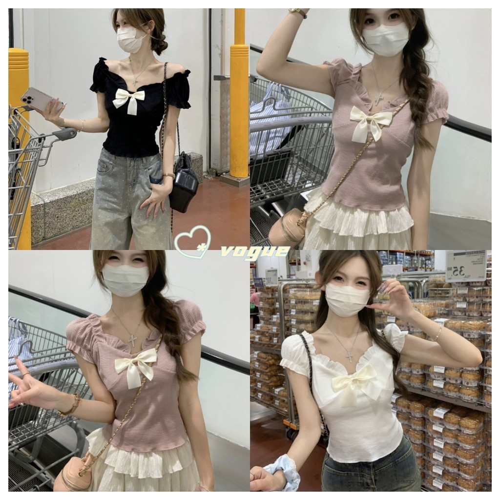 Vogue พร้อมส่ง เสื้อไหมพรม แขนสั้น ดีเทลสีพาสเทล แถวเข็มกัดโบว์ ขอบหยักๆ (E342)