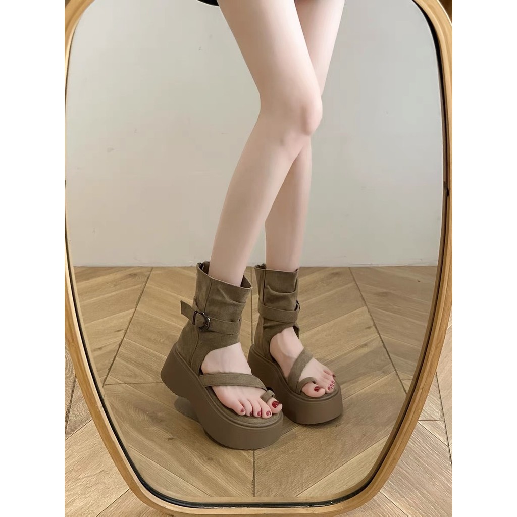 พร้อมส่งจากไทย TX596 รองเท้าบูทผู้หญิงแฟชั่น พื้นหนา2.5นิ้ว มาใหม่ รองเท้าแตะแหวนนิ้วเท้า,สไตล์เกาหลี(เท้าผอมเรียว-1ไซส)