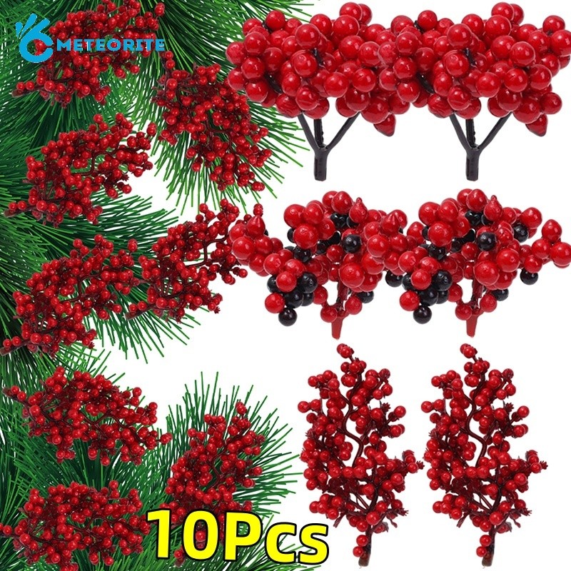 10 ชิ้น DIY Xmas Tree Garland ตกแต่งผลไม้ปลอมช่อดอกไม้ Props - รูปแบบพื้นหลังคริสต์มาสโรแมนติกจําลอง Red Berry สาขา