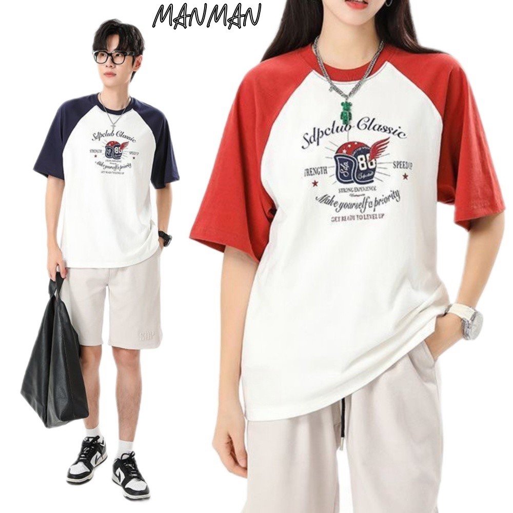 MANMAN เสื้อยืดผู้ชาย แขนสั้นผู้หญิง ชุดคู่รัก พิมพ์ลาย ลำลอง แบบหลวม เย็บติดกัน เสื้อคอกลม