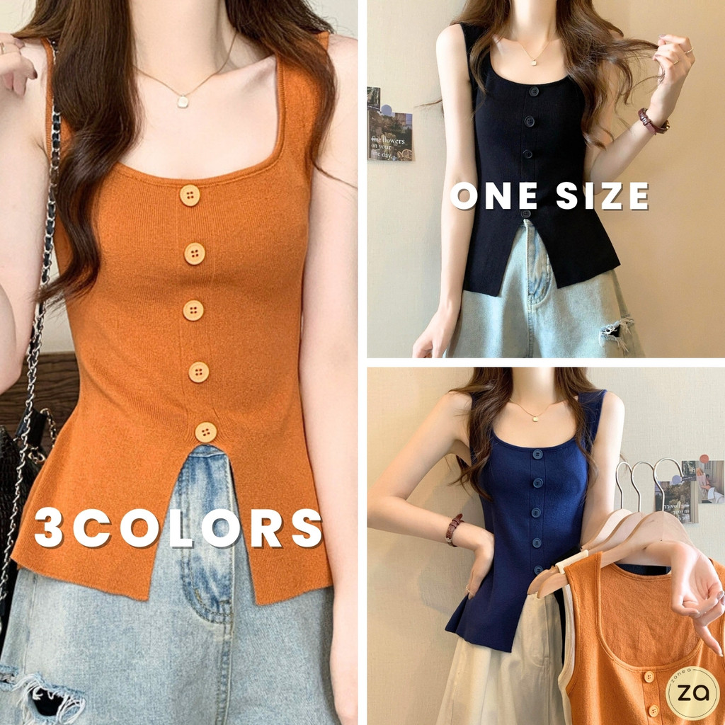 HOT SALE เสื้อกล้ามไหมพรม แต่งกระดุมหน้า แต่งชายผ่า คอกว้างสวยๆ 4 สี
