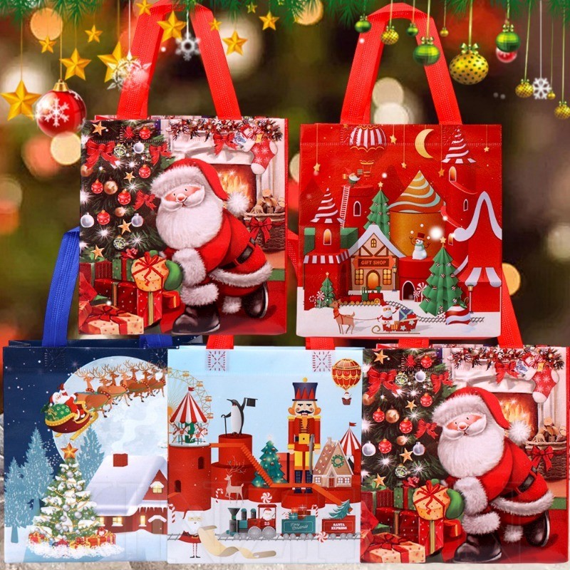 กระเป๋าถือซานตาคลอส 3 ชิ้น - กระเป๋าช้อปปิ้งคริสต์มาส - เด็กนําเสนอกระเป๋าห่อ - กระเป๋าโท้ตไม่ทอคริสต์มาส - พับได้ กันน้ํา นํากลับมาใช้ใหม่ ความจุขนาด