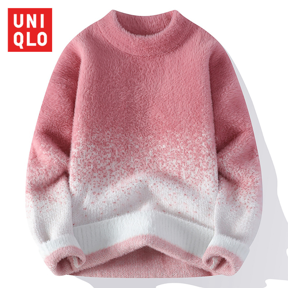 UNIQLO ยูนิโคล่ เสื้อกันหนาวผู้หญิงแฟชั่นไล่โทนสีสีหลวม ชม. ไอพอตเตอร์ วัยรุ่นเสื้อขนสัตว์รอบคอ จุดต่ําสุด เสื้อกันหนาวเสื้อถักคู่สวมใส่