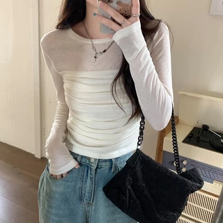KOKO#เสื้อยืดตาข่ายเซ็กซี่ เสื้อวินเทจ ทรงสลิม คอกลม สำหรับผู้หญิง แขนยาว ดีไซน์จีบ แฟชั่นสไตล์เกาหลี#W458