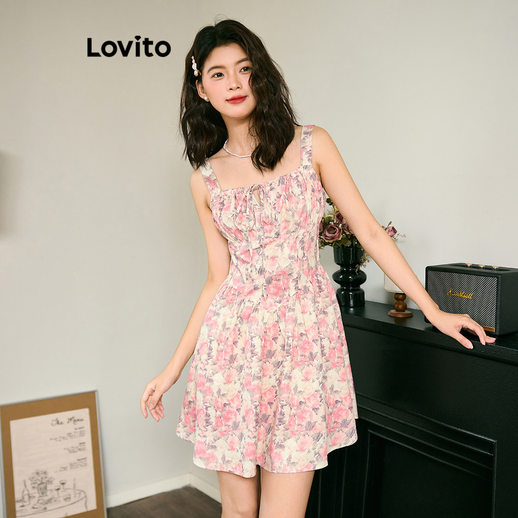 Lovito ชุดเดรสจับจีบลายดอกไม้โรแมนติก ดิทซี่ ดอกไม้ จีบด้านหน้าสำหรับผู้หญิง L98AD106