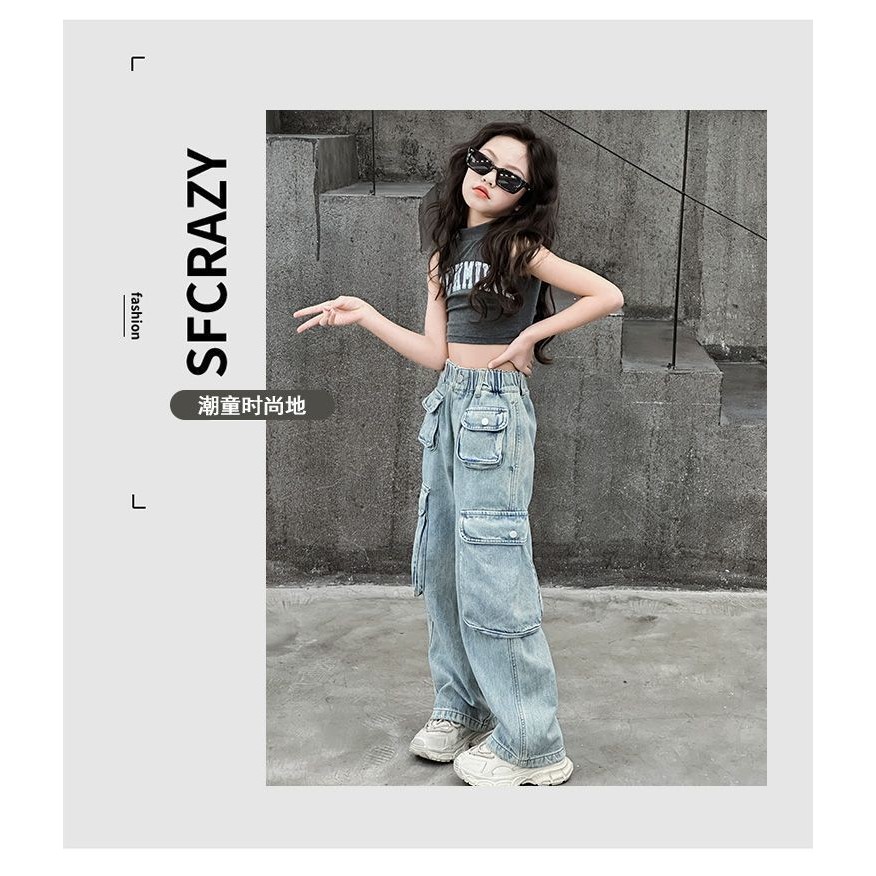 สาวกางเกงยีนส์กระเป๋าใหญ่ฤดูใบไม้ผลิฤดูใบไม้ร่วงเสื้อผ้าสไตล์ใหม่สาวหลวมหลวมเด็กแฟชั่นทุกการแข่งขันอินเทรนด์ - รูปที่ 7