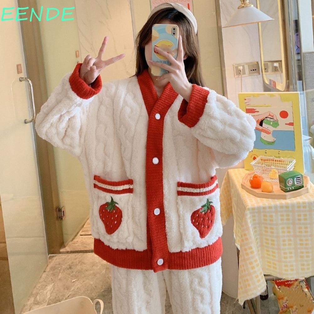 Eende ชุดนอนขนแกะ, ชุดนอนกํามะหยี่พีชผู้หญิง, แฟชั่น Warm Thicken สตรอเบอร์รี่ Homewear สูทฤดูใบไม้ร่วงฤดูหนาว